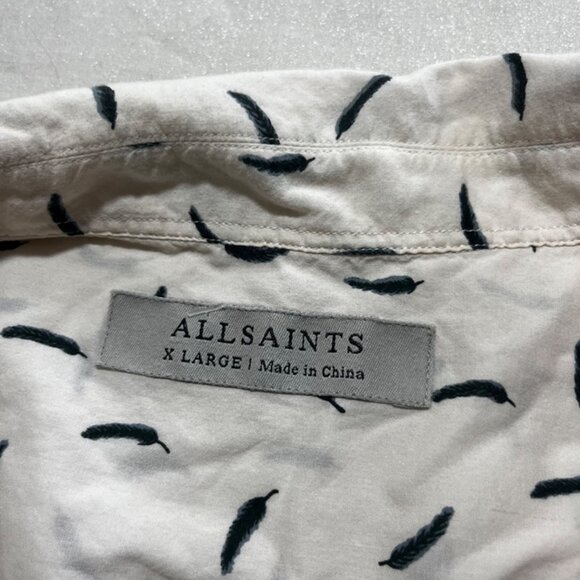 AllSaints men's shirt XL white blue feather print short sleeve button down - Picture 2 of 6
